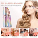 Multicolored hair removal device with a woman using it, highlighting painless hair removal methods.