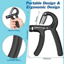 Black hand grip trainer with ergonomic design and measurements on a blue background