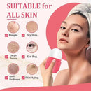 Woman using a skincare device with skin condition illustrations on a pink background