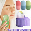Face ice contour roller with colorful containers and a blurred face in the background