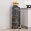Tall metal storage cart with mesh drawers in a kitchen setting.