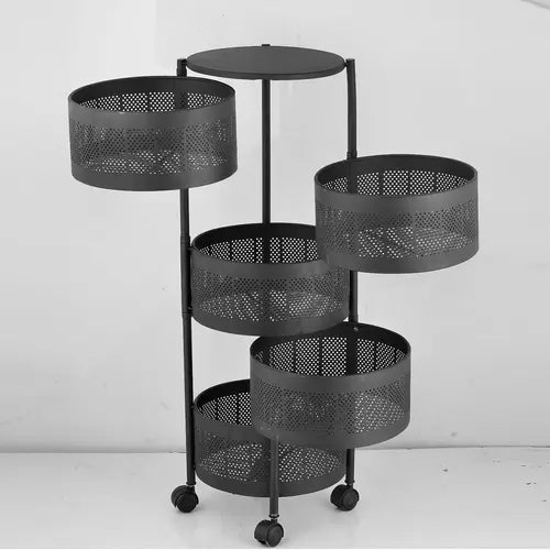 Black metal tiered stand with circular shelves on wheels against a white background