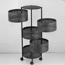 Black metal tiered stand with circular shelves on wheels against a white background