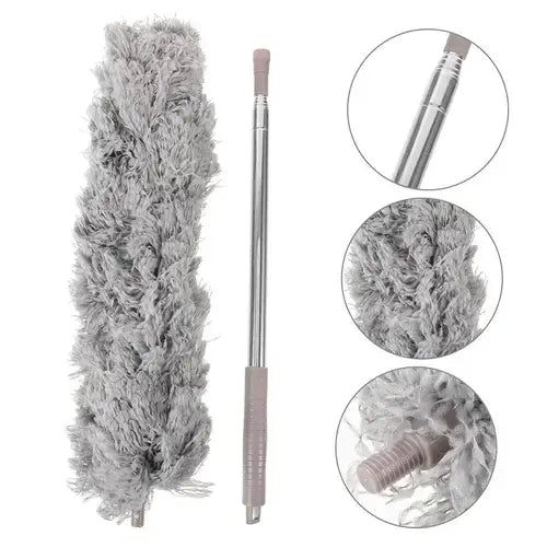 Gray feather duster with close-up details on a white background