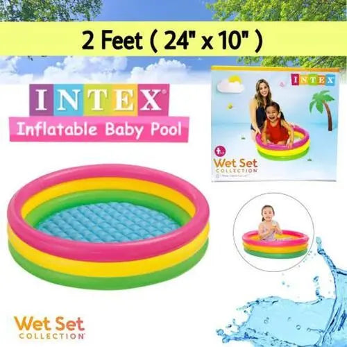 Intex inflatable baby pool with dimensions 24" x 10" and family using the pool in the background.