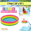 Intex inflatable baby pool with dimensions 24" x 10" and family using the pool in the background.