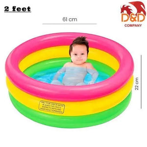 Inflatable children's pool with a child inside, labeled '2 feet' and 'D&D Company'.