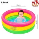 Inflatable children's pool with a child inside, labeled '2 feet' and 'D&D Company'.