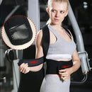 Woman wearing a black shoulder support brace in a gym setting with close-up of the brace.