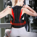 Person wearing a black posture corrector with red highlighting in a gym setting