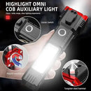 Handheld flashlight with multiple features highlighted on a dark background