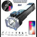 Multifunctional flashlight with charging cable and smartphone app interface on a white background