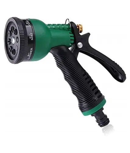 Green and black garden hose nozzle on a white background