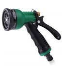 Green and black garden hose nozzle on a white background
