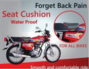 Advertisement for a seat cushion for bikes with a red motorcycle and text on a gray background.