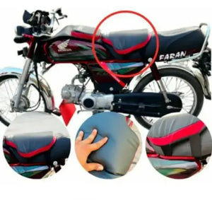 Motorcycle with a red circle highlighting the seat, surrounded by close-up images of the seat.