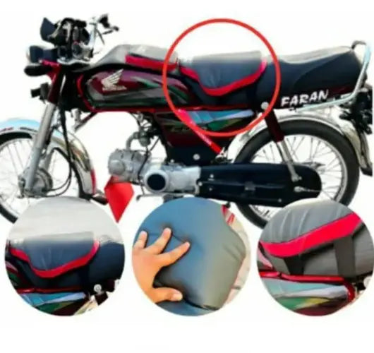 Motorcycle with a red circle highlighting the seat, surrounded by close-up images of the seat.
