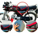 Motorcycle with a red circle highlighting the seat, surrounded by close-up images of the seat.