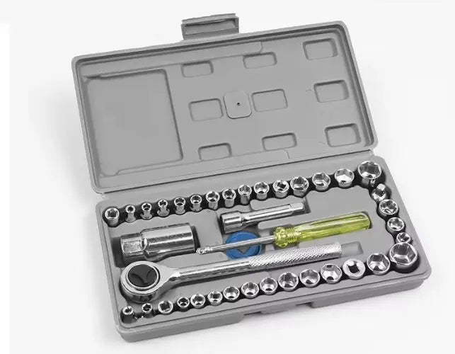 Mechanical tool set in a gray case on a white background