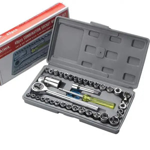 Open tool kit with various sockets and tools, Iwai brand visible