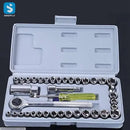 Open tool kit with various sockets and tools on a dark background, featuring the brand 'Sindfly'.